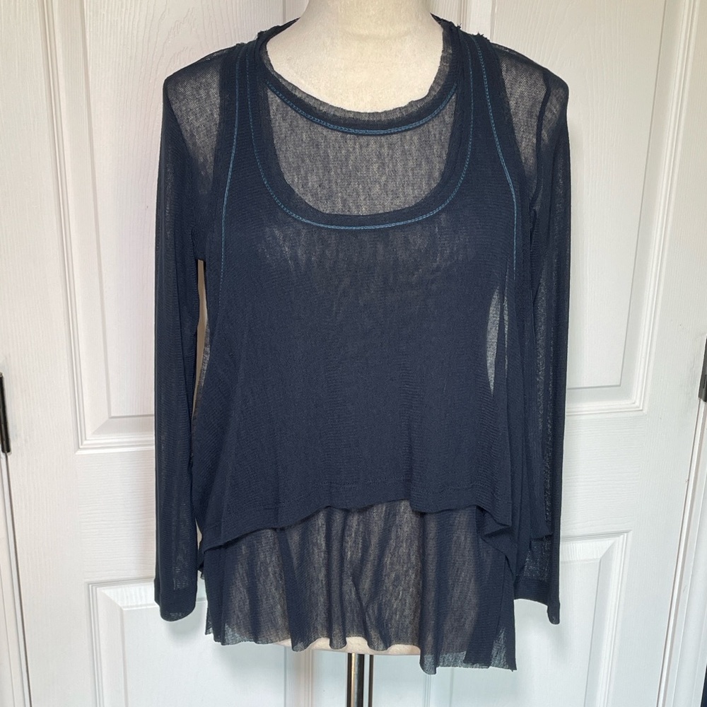 Sunlight Paris Navy Blue Mesh Sheer Layered Long Sleeve Tunic Top Size Small